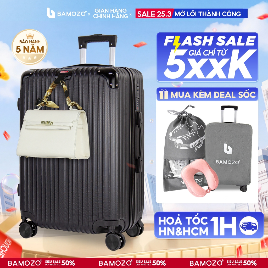 Vali Bamozo Size 20/24 Bo Góc Kim Loại, Chống Va Đập, Chất Liệu PC + ABS Chịu Lực 120kg, Bảo Hành 5 Năm_8809