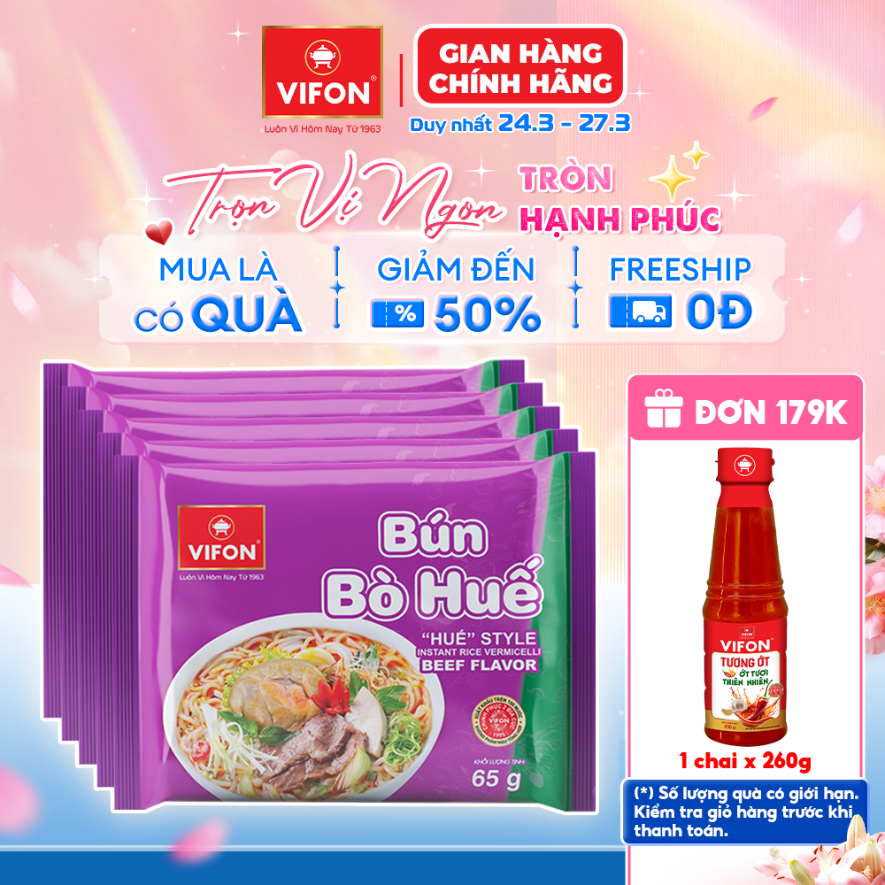 [Voucher 15%] Set 5 Gói Bún Bò Huế/Bún Giò Heo/Bún Tôm VIFON - Thơm Ngon Truyền Thống, 65g/Gói