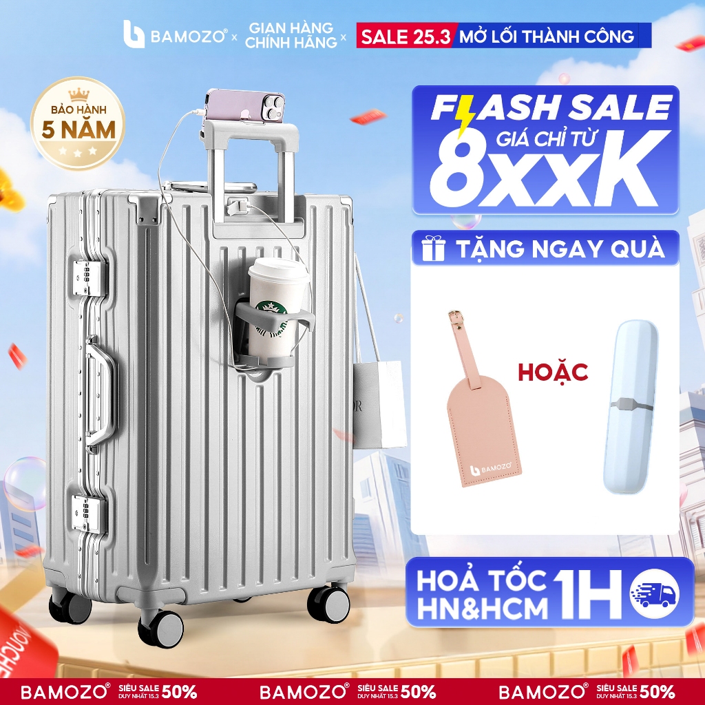 [ Best Seller ] Vali Khung Nhôm Khóa Sập Bamozo Size 20/24/28, Nhựa PC Cao Cấp, Bo 4 Góc Kim Loại Ch