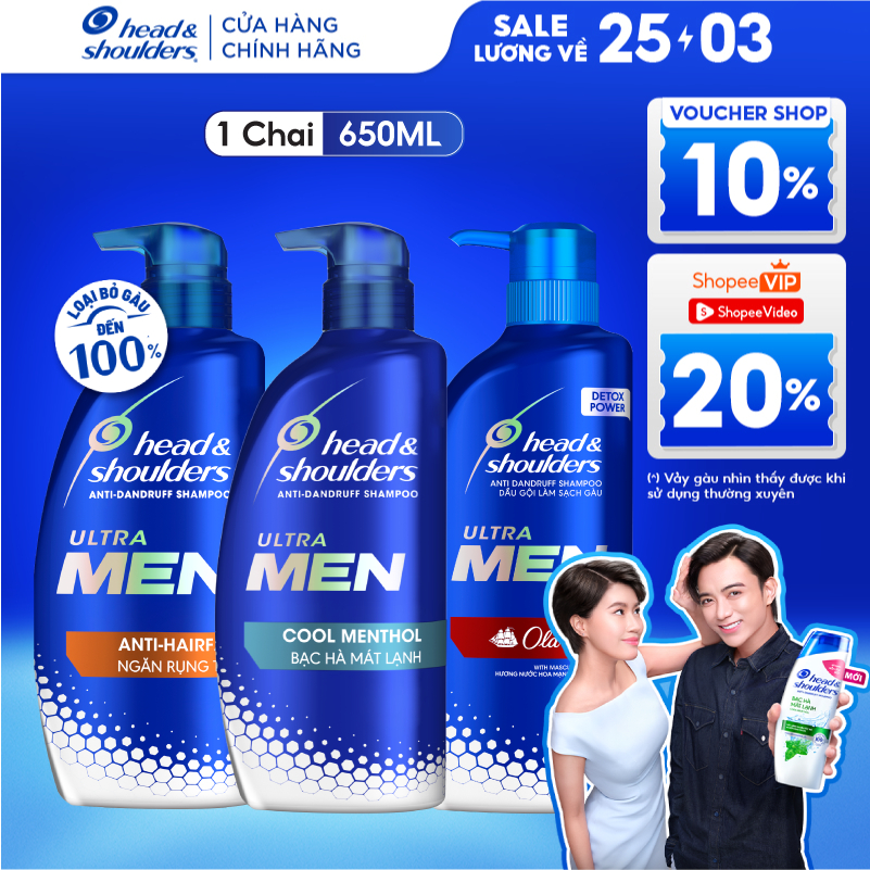 Dầu Gội Sạch Gàu HEAD & SHOULDERS Ultra Men Bạc Hà Mát Lạnh/ Ngăn Rụng Tóc/ Hương Nước Hoa - Chai 650ML