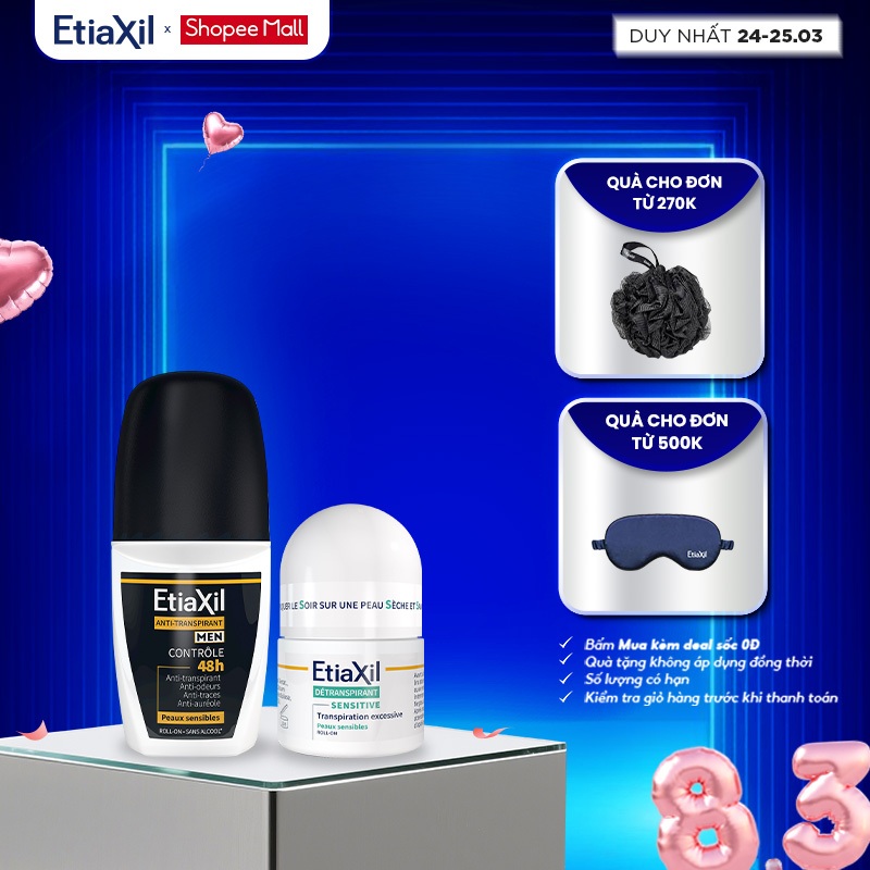 Combo Lăn Khử Mùi Hàng Ngày Etiaxil Men 50ml và Lăn Khử Mùi Ngăn Mồ Hôi Etiaxil 15ml (nhãn xanh)