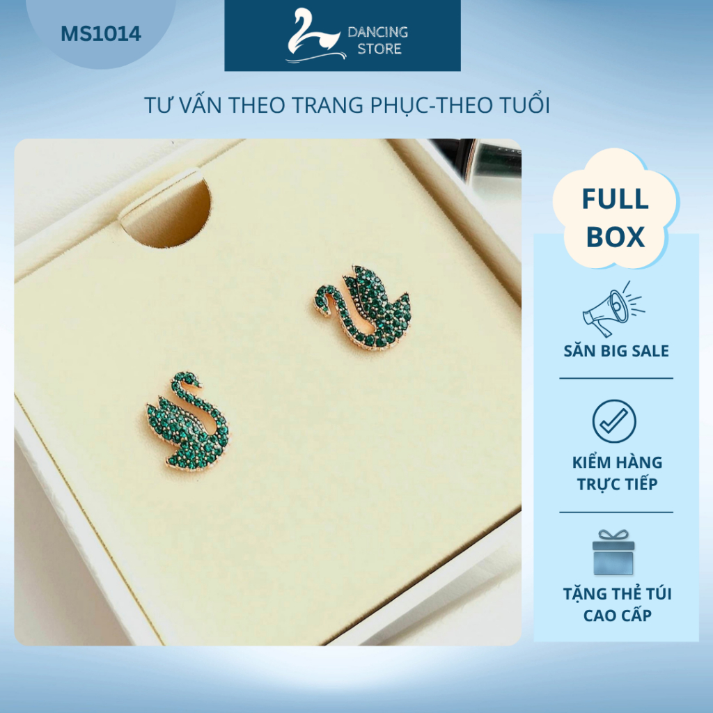 Khuyên Tai Nữ Iconic Swan Đá xanh lá mẫu mới Thanh Lịch Dancing Store Fullbox