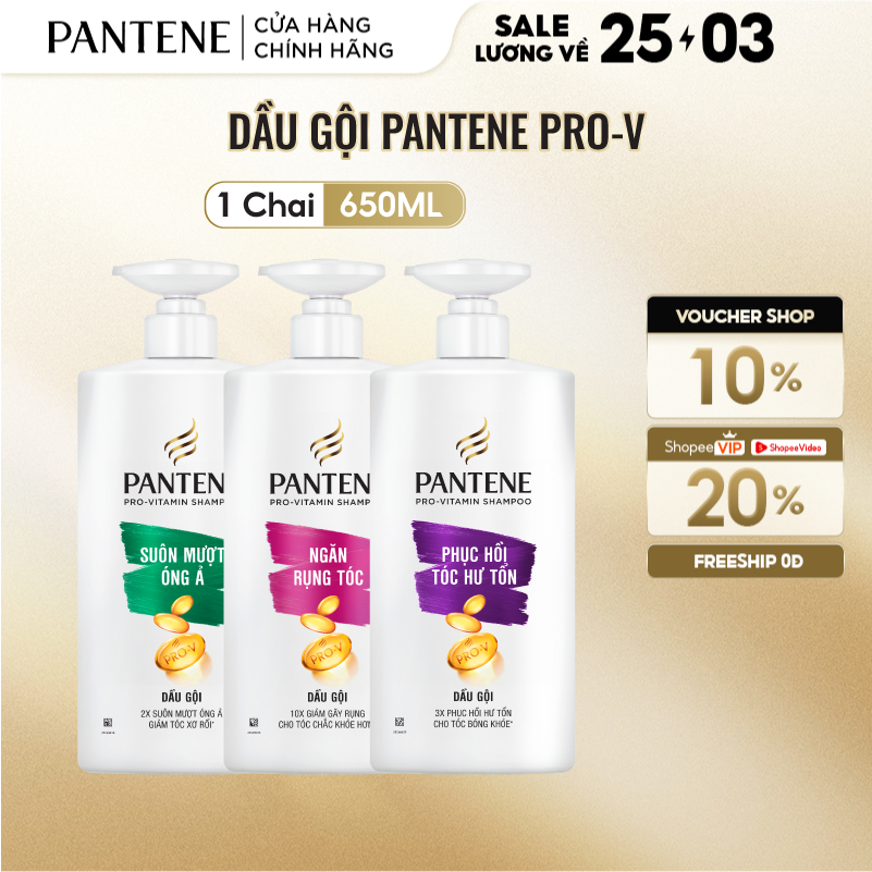 Dầu Gội PANTENE Pro-V Ngăn Rụng Tóc/ Phục Hồi Hư Tổn/ Suôn Mượt Óng Ả/ Giảm Gàu/ Dưỡng Ẩm - Chai 650ML