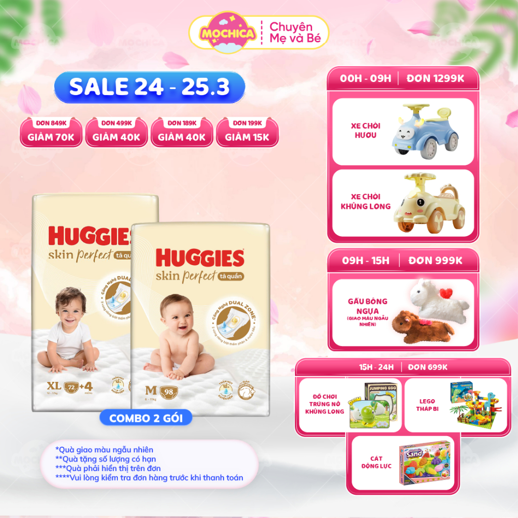 Combo 2 Tã/bỉm dán/quần Huggies Skin Perfect NB76/S80+2/M76+3 với 2 vùng thấm giảm kích ứng_Mochica