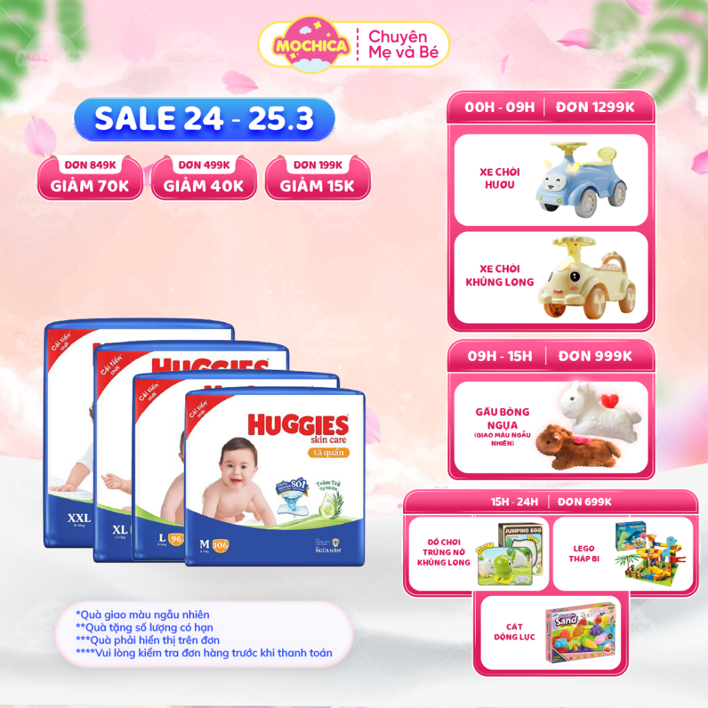 Bỉm/Tã quần Huggies Tràm Trà Tự Nhiên SKINCARE Pants Mega Jumbo M106/L104/XL88/XXL80- Mochica