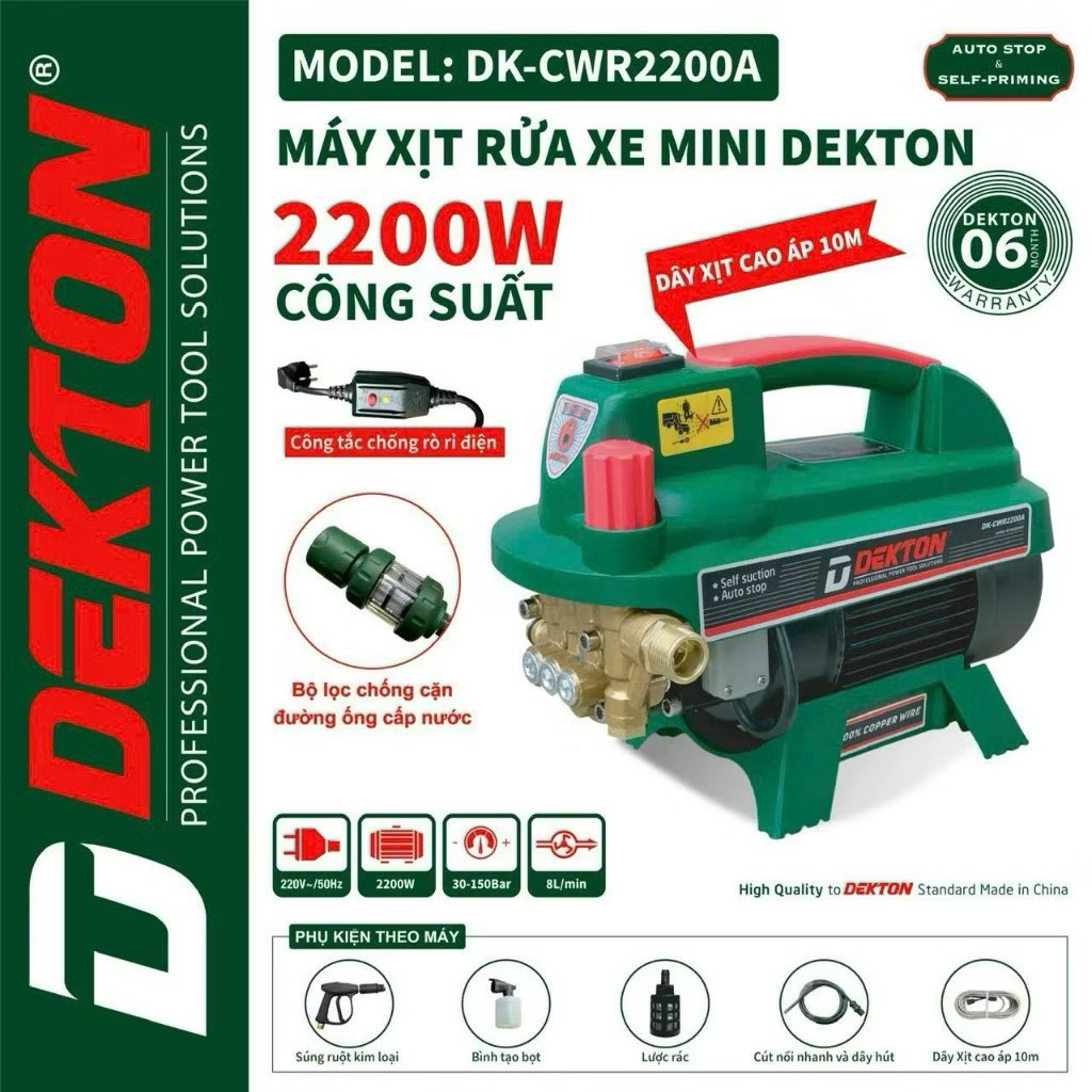 Máy Rửa Xe Dekton DK-CWR2200A Motor Đồng, Chỉnh Áp Linh Hoạt, Chống Giật An Toàn