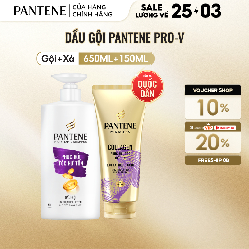 Combo Dầu Gội PANTENE Pro-V&Dầu Xả Siêu Dưỡng Ngăn Rụng Tóc/Phục Hồi Hư Tổn/Suôn Mượt Óng Ả-Chai650ML&150ML