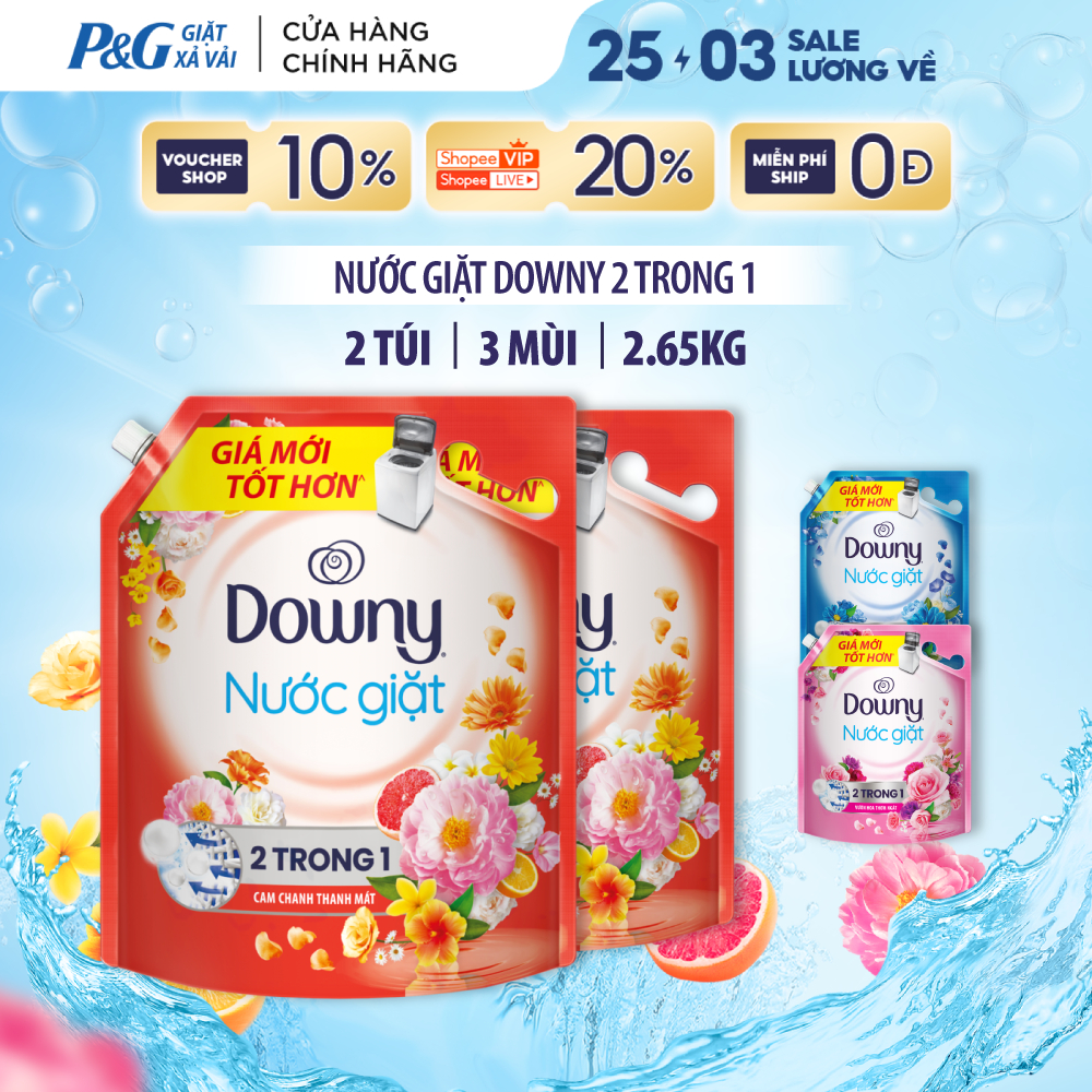 Combo 2 Nước Giặt DOWNY 2 Trong 1 Hương Cam Chanh Thanh Mát/ Biển Xanh Tươi Mát/ Vườn Hoa Thơm Ngát 
