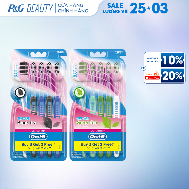 Bàn Chải ORAL-B Tinh Chất Trà Xanh/ Trà Đen - Vỉ 5 cây