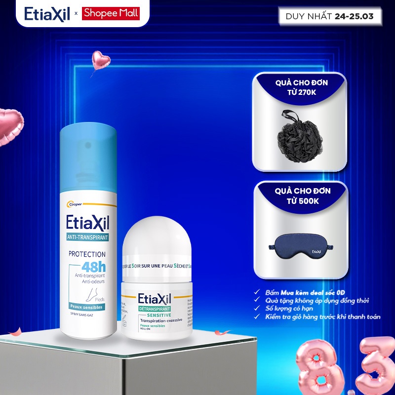 Combo Lăn Khử Mùi Chuyên Sâu Etiaxil 15ml và Xịt Khử Mùi Chân Etiaxil Bảo Vệ Kép 100ml