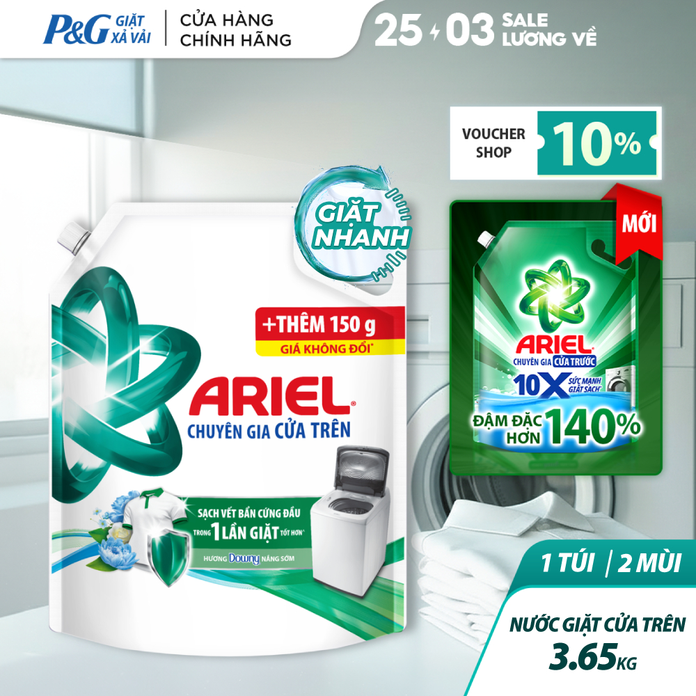 Nước Giặt ARIEL Chuyên Gia Cửa Trên Ngăn Lem Màu Hương Downy Nắng Sớm/ Nước Hoa Túi 3.65KG