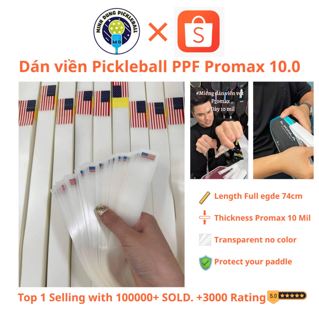 Combo 3/5/10 Miếng Dán Viền Vợt Pickleball PPF ProMax 10Mil – Full 74cm, Cờ Mỹ 🇺🇸 [Chính Hãng]