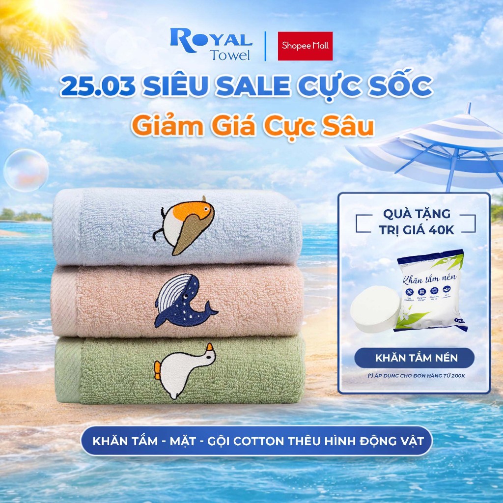 Khăn Tắm Khăn Gội Khăn Mặt Royal Towel Thêu Hình Động Vật, Sợi Cotton Mềm Mịn, Thấm Hút Tốt, Kháng K