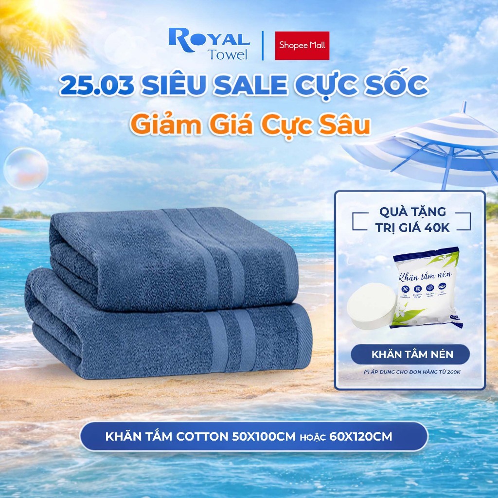 Khăn Tắm Royal Towel 50x100cm Hoặc 60x120cm Sợi Cotton Mềm Mịn, Thấm Hút Tốt, Không Xổ Lông, Không P