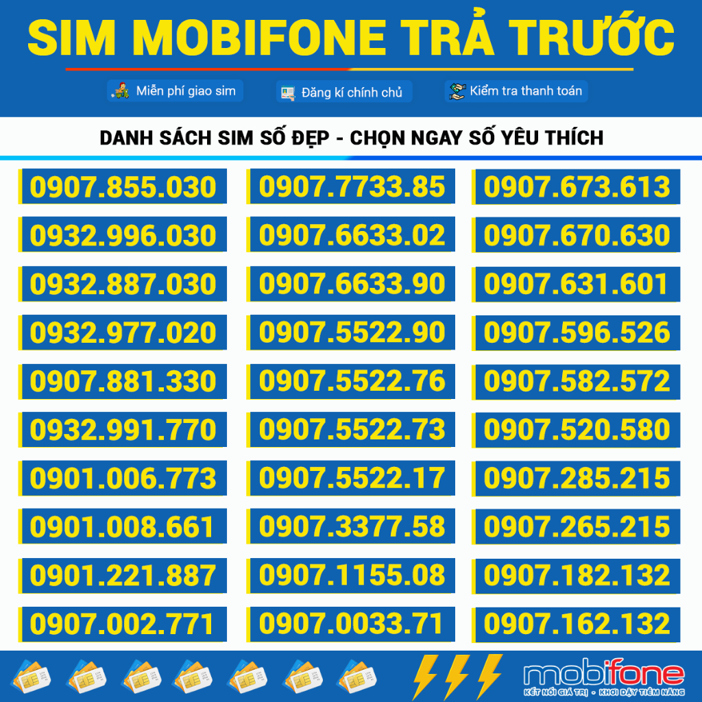 Sim số đẹp Mobifone trả trước đầu 0939 - 0907- 0932