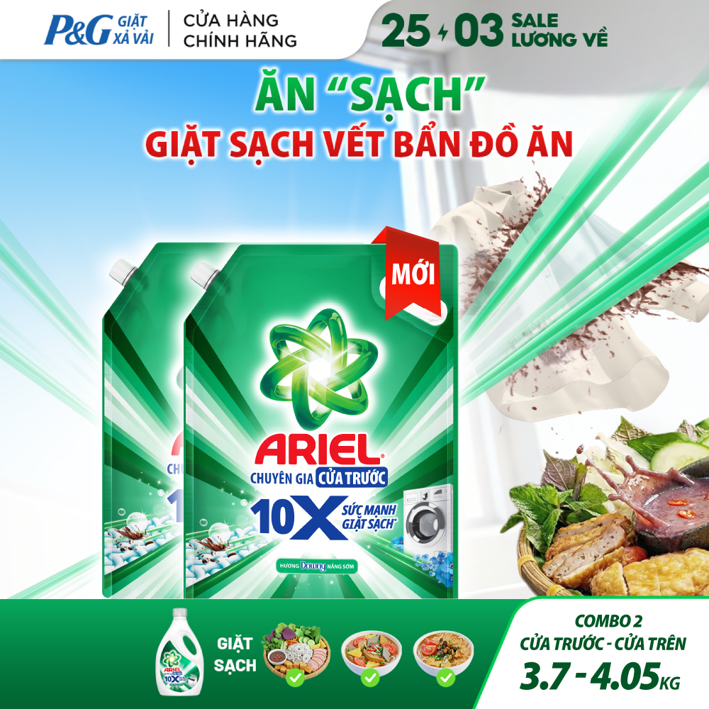 Combo 2 Nước Giặt Gel ARIEL 10X Sức Mạnh Giặt Sạch Chuyên Gia Hương Downy Nắng Sớm Cửa Trước Túi 3.7