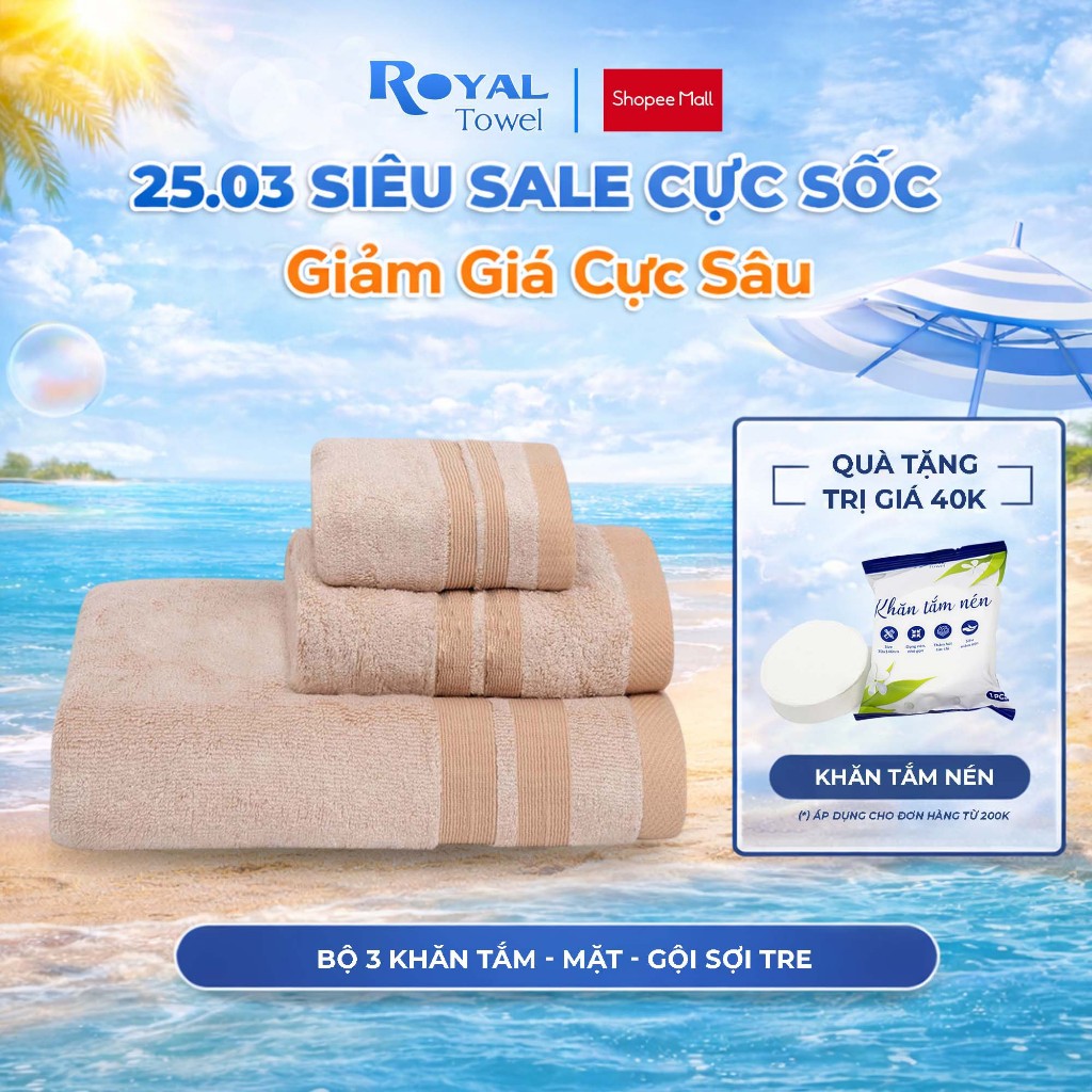 Bộ 3 Khăn Mặt, Gội, Tắm Royal Towel Sợi Tre Bamboo, Mềm Mịn, Thấm Hút Tốt, Không Xổ Lông, Không Phai