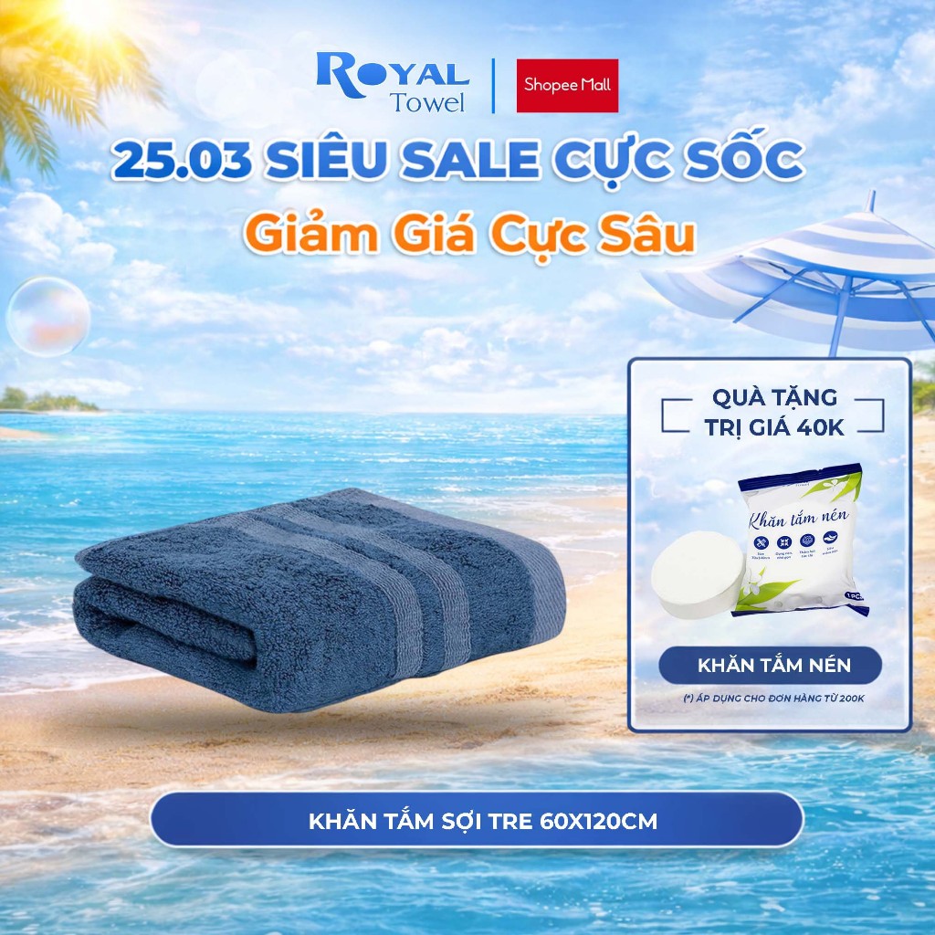 Khăn Tắm Royal Towel 60x120cm Sợi Tre Bamboo, Mềm Mịn, Thấm Hút Tốt, Không Xổ Lông, Không Phai Màu, 