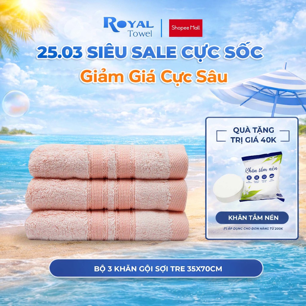 Bộ 3 Khăn Gội Royal Towel 35x70cm Sợi Tre Bamboo, Mềm Mịn, Thấm Hút Tốt, Không Xổ Lông, Không Phai M