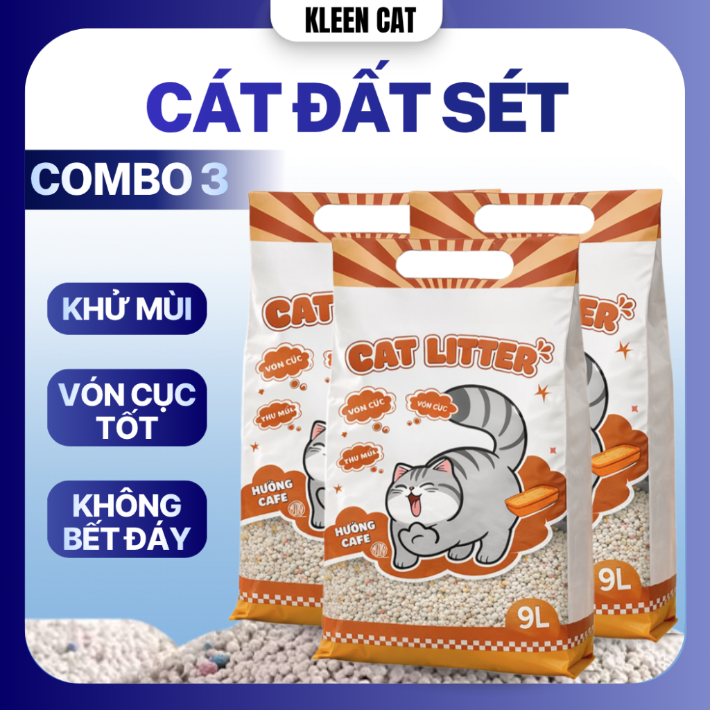 Combo 3 túi Cát Mèo Kleen túi 9l - 3.8kg, Cát Đất Sét Vệ Sinh Mèo Kleen Siêu Vón Cục