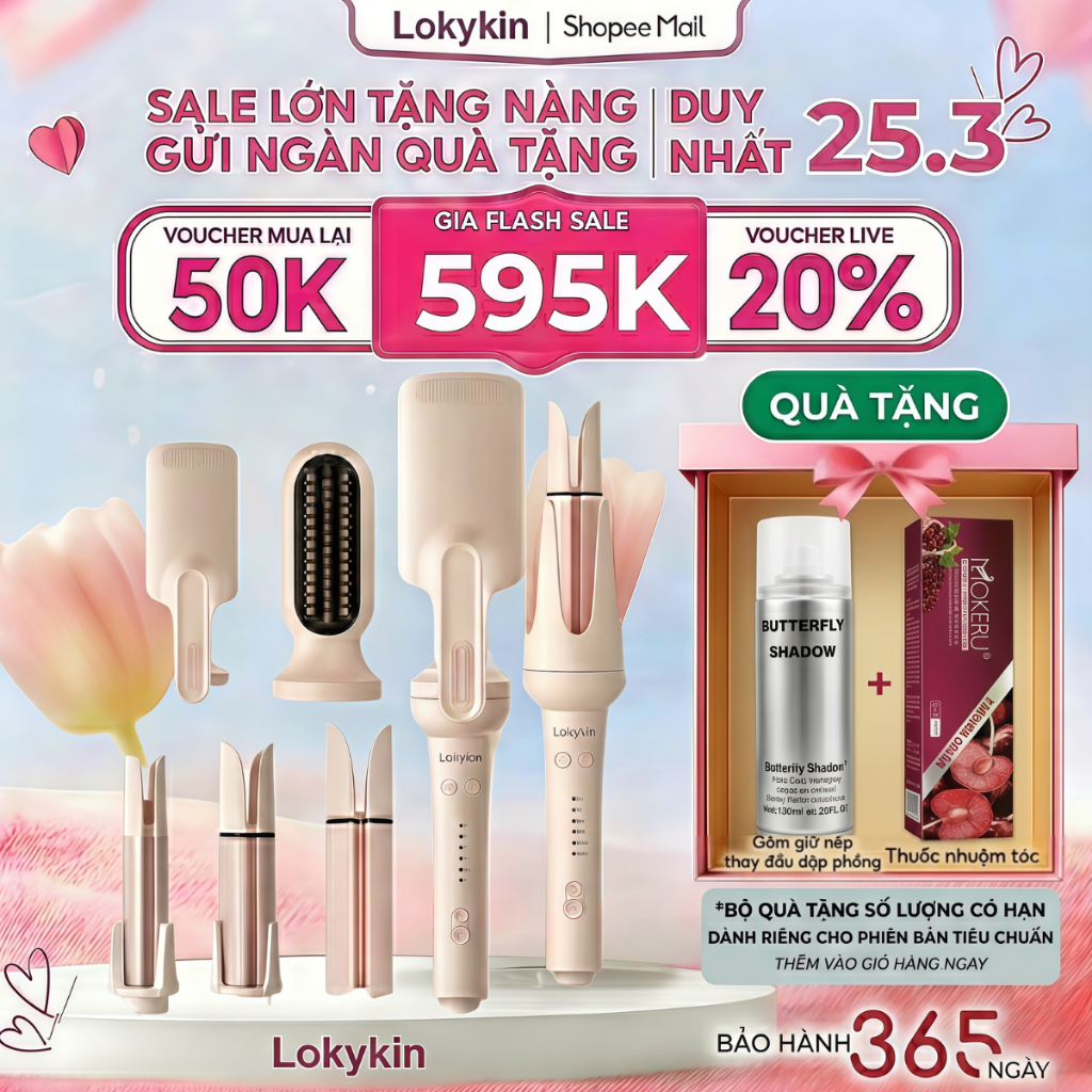 Máy uốn tóc xoăn tự động 5in1 Lokykin, 3 trục thay đổi đường kính uốn 28/32/40mm và 1 đầu lược thẳng + 1 đầu uốn hippie