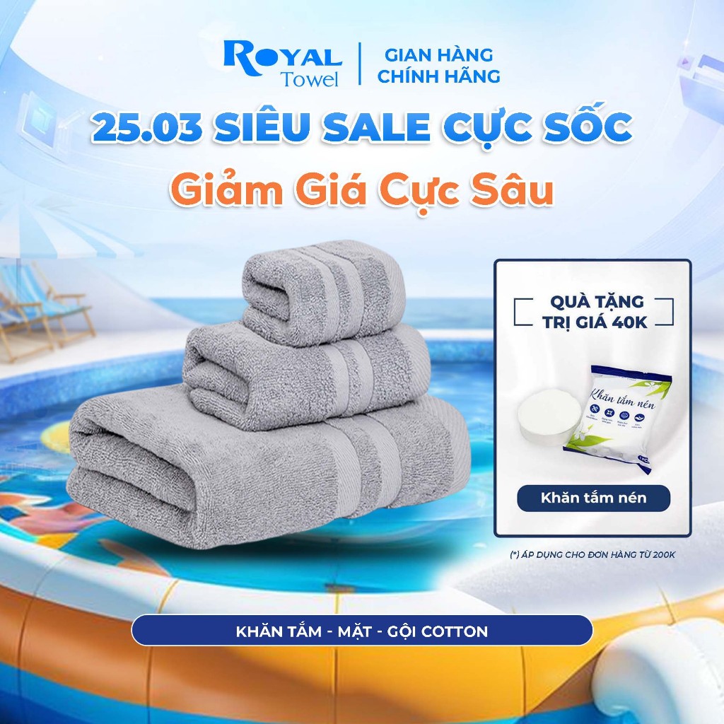 Khăn Tắm, Khăn Gội, Khăn Mặt Royal Towel Sợi Cotton Mềm Mịn, Thấm Hút Tốt, Không Xổ Lông, Không Phai Màu