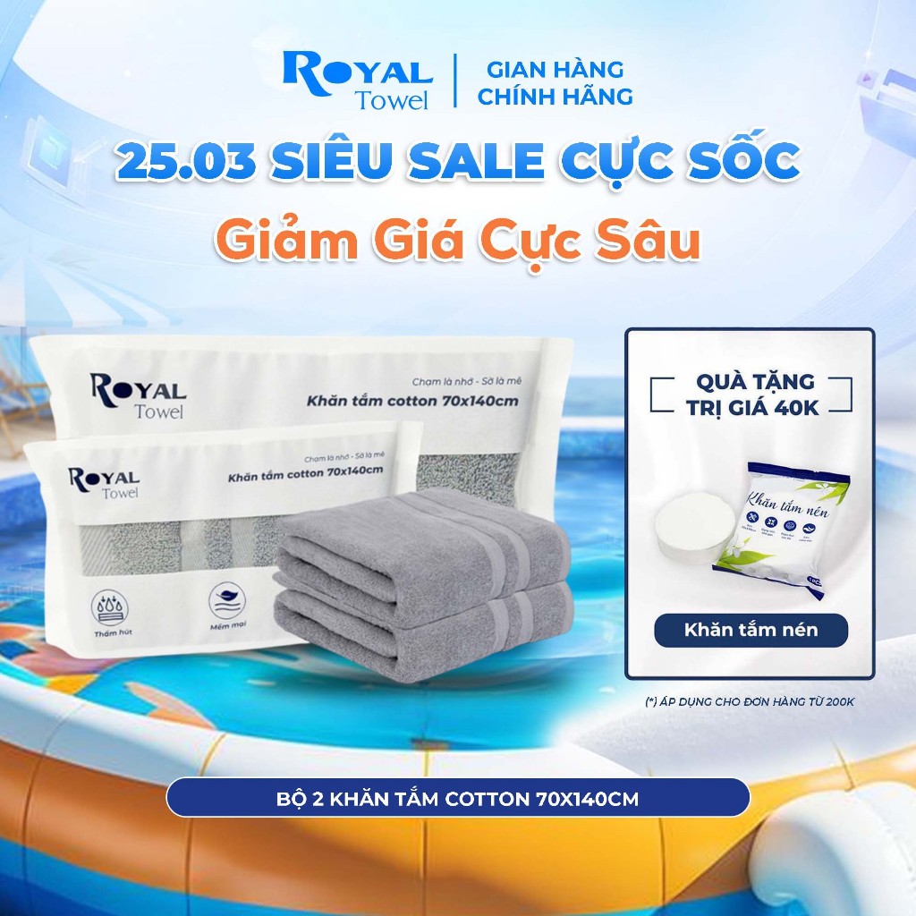 Bộ 2 Khăn Tắm Royal Towel 70x140cm Sợi Cotton Mềm Mịn, Thấm Hút Tốt, Không Xổ Lông, Không Phai Màu