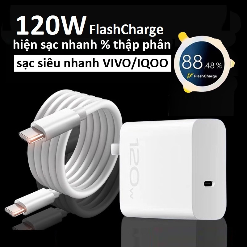 Bộ sạc nhanh VIVO-IQOO PD 120W Flashcharge, hiện nhãn sạc % thập phân chuẩn chính hãng