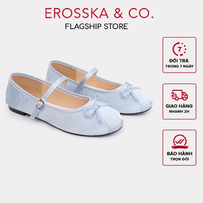 Erosska - Giày balletcore quai ngang mũi nhăn, phối nơ kiểu dáng basic cao 1cm màu xanh - EL118