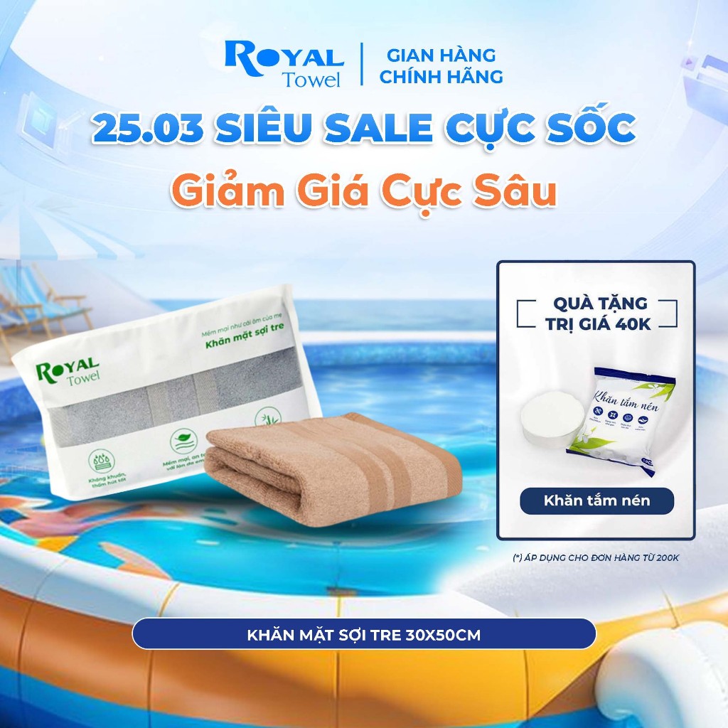 Khăn Mặt Royal Towel 30x50cm Sợi Tre Bamboo, Mềm Mịn, Thấm Hút Tốt, Không Xổ Lông, Không Phai Màu, An Toàn Cho Da