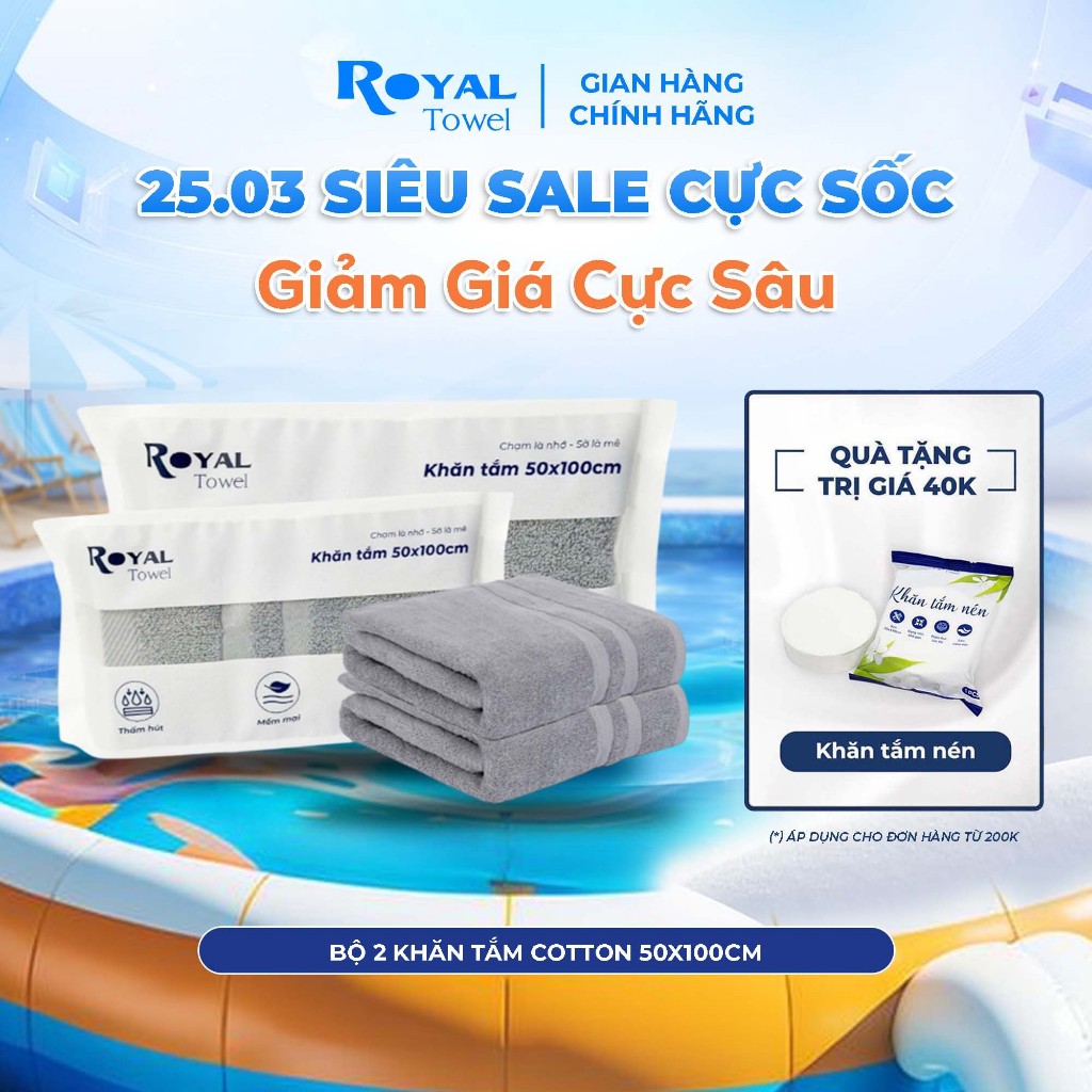 Bộ 2 Khăn Tắm Royal Towel 50x100cm Sợi Cotton Mềm Mịn, Thấm Hút Tốt, Không Xổ Lông, Không Phai Màu