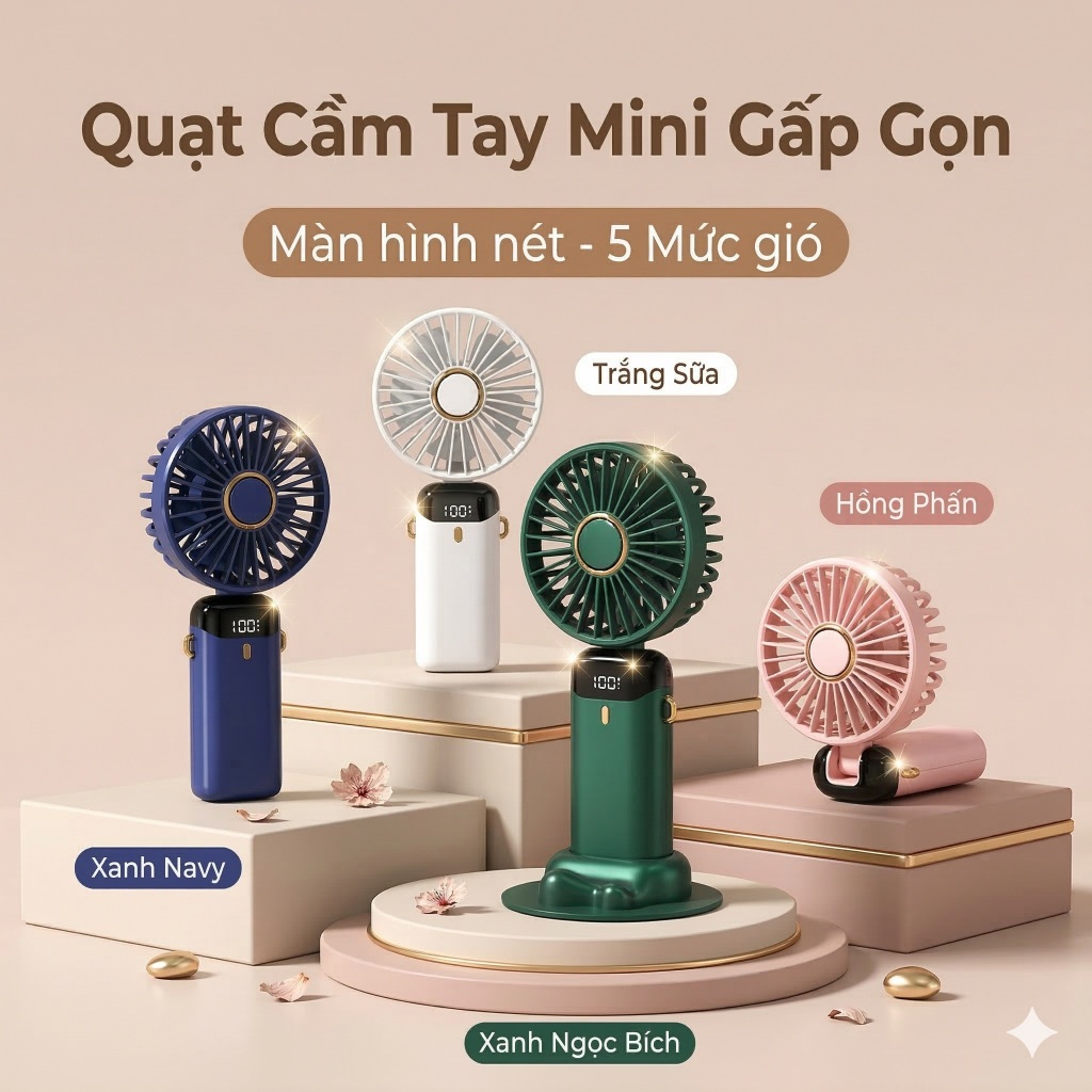 Quạt Cầm Tay Mini Gấp Gọn – 5 Cấp Độ Gió, Có Dây Đeo Cổ, Màn Hình LED Thông Minh-T28