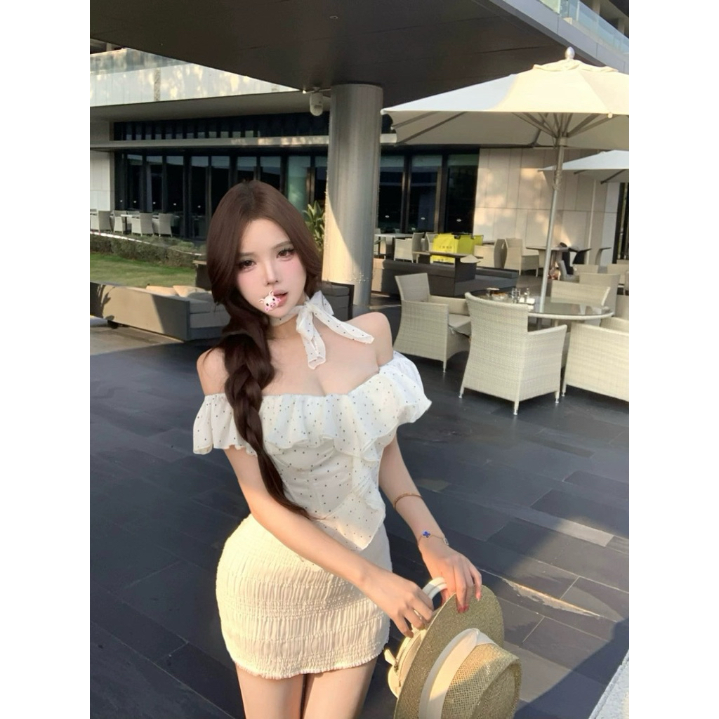 Set áo trễ vai bèo hoạ tiết chấm bi phối chân váy ôm TABISHOP Set đồ nữ sang chảnh mặc hè đi chơi(306) | BigBuy360 - bigbuy360.vn