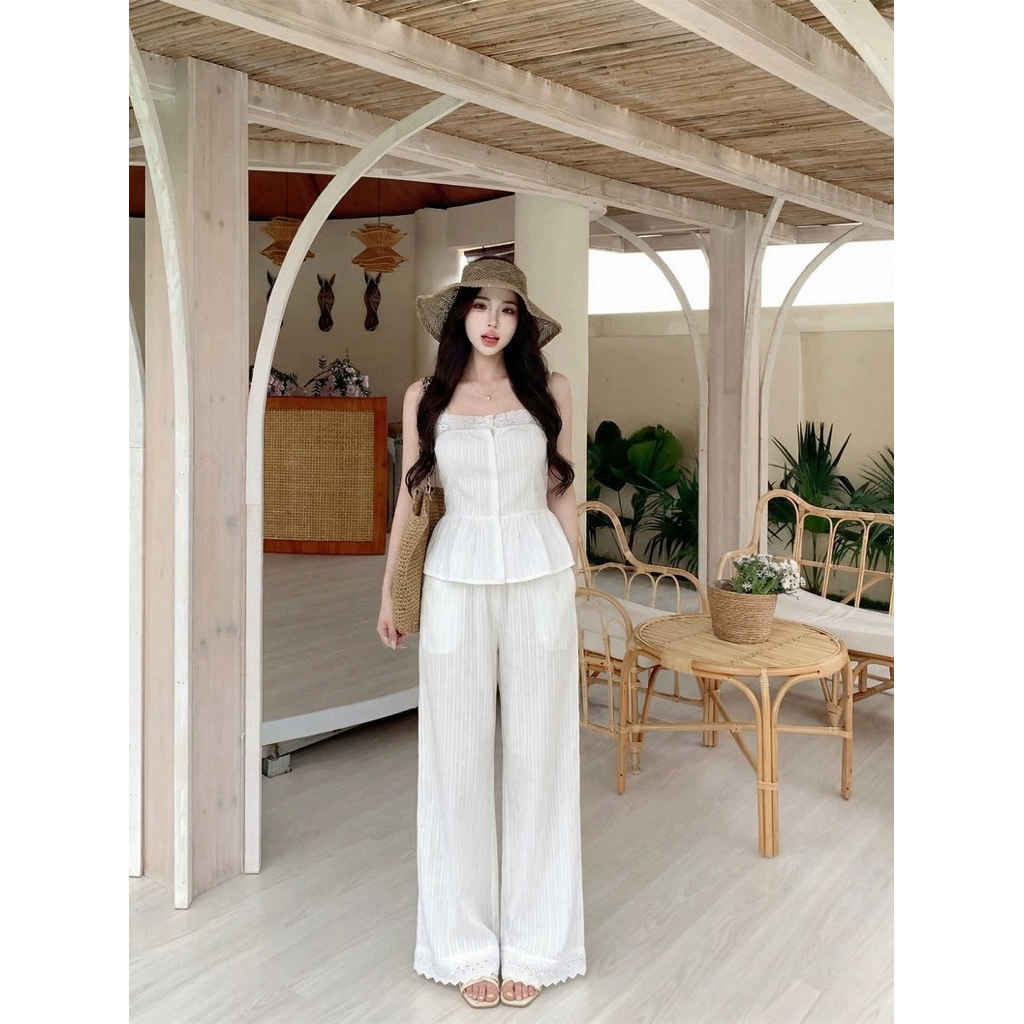 Set đồ bộ nữ áo 2 dây kèm quần dài phối ren TABISHOP Set đồ nữ sang chảnh mặc hè du lịch đi chơi(307) | BigBuy360 - bigbuy360.vn
