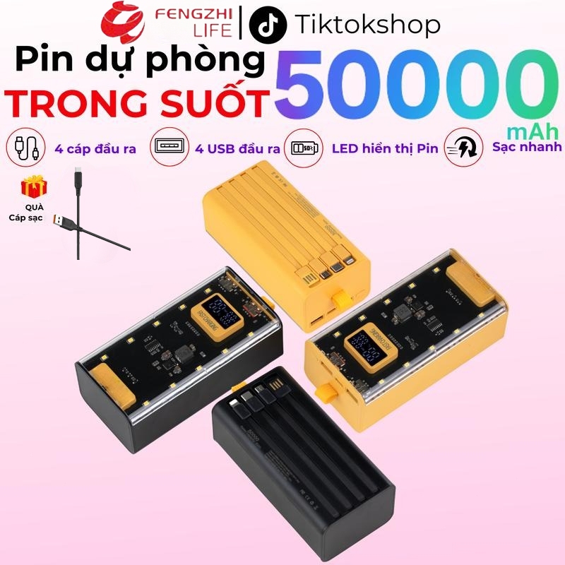 Sạc Dự Phòng 50000mah sạc nhanh pd22.5w/20w trong suốt tích hợp 4 dây sạc tích hợp đèn led chiếu sáng