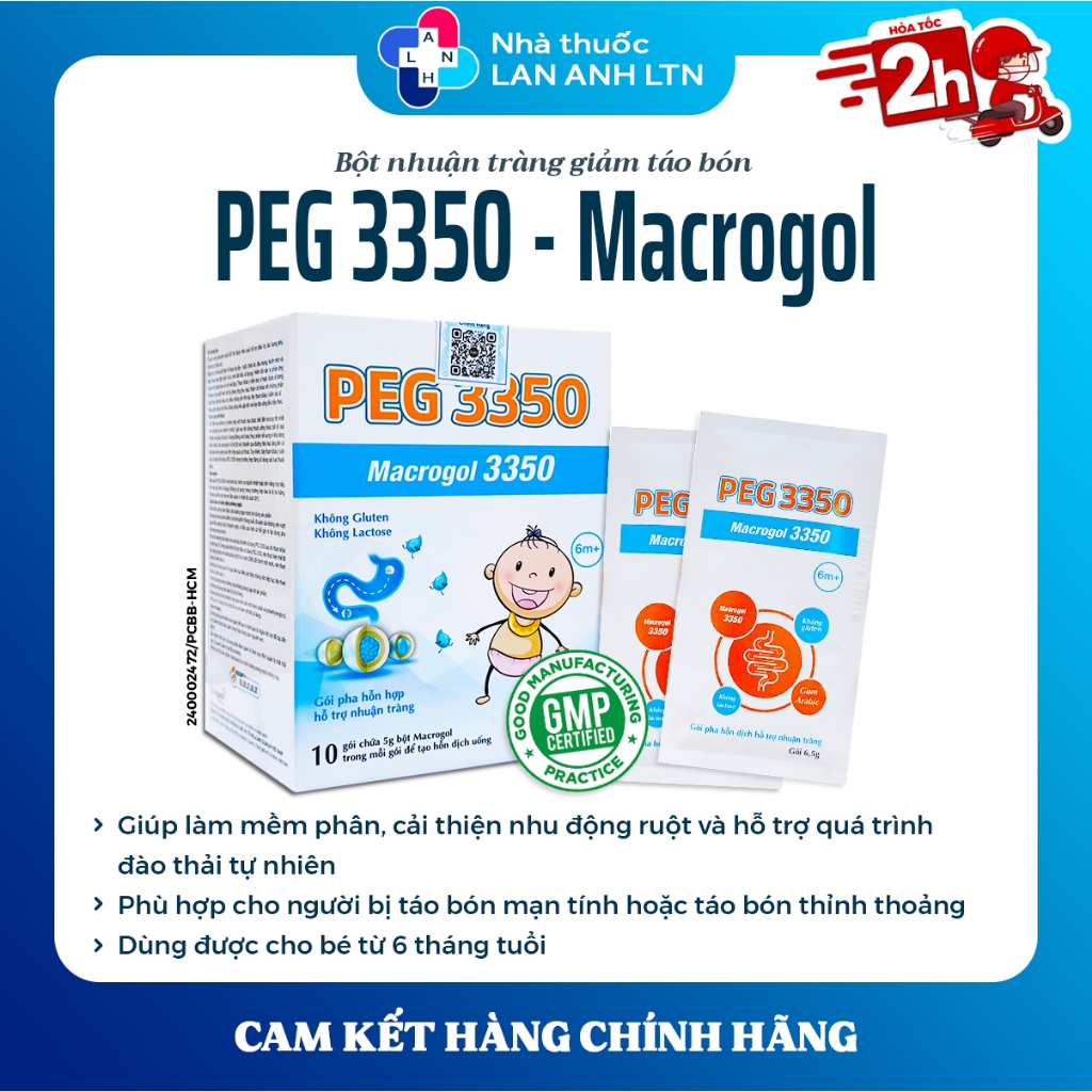 PEG 3350 WELLCARE (10 gói) - Bột nhuận tràng giúp giảm táo bón cho bé từ 6 tháng tuổi.