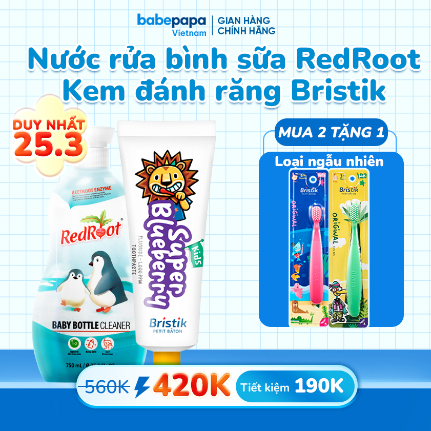 Combo kem đánh răng cho bé từ 1 tuổi Bristik 50g + Nước rửa bình sữa cho bé hữu cơ 750ml Redroot