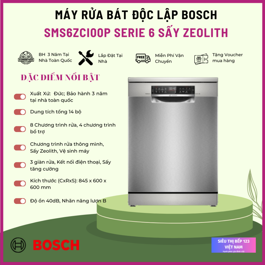 [ New 2026 ] Máy Rửa Bát Bosch SMS6ZCI00P Serie 6 - Sấy Zeolith, Rửa Thông Minh AI,  Nhập Khẩu Đức
