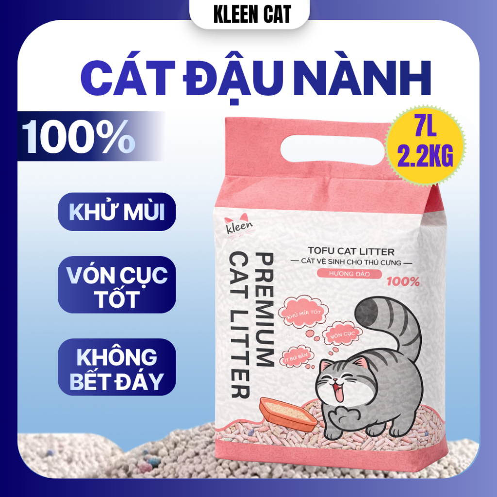 Cát Mèo Đậu Nành Hữu Cơ Kleen Cat Túi 7L/2.2KG, Cát Mèo Tofu Organic Tan Trong Nước Bao Bì mới - CM42
