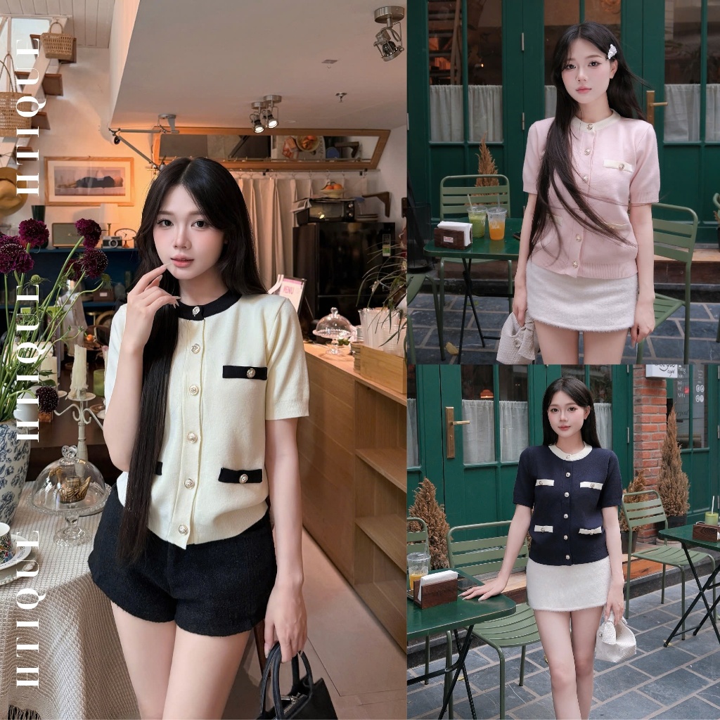 HTIQUE - PINK CHARM mở bán Áo Cardigan Nữ Phối Viền Thanh Lịch – Áo Len Cộc Tay Cài Nút Phong Cách T