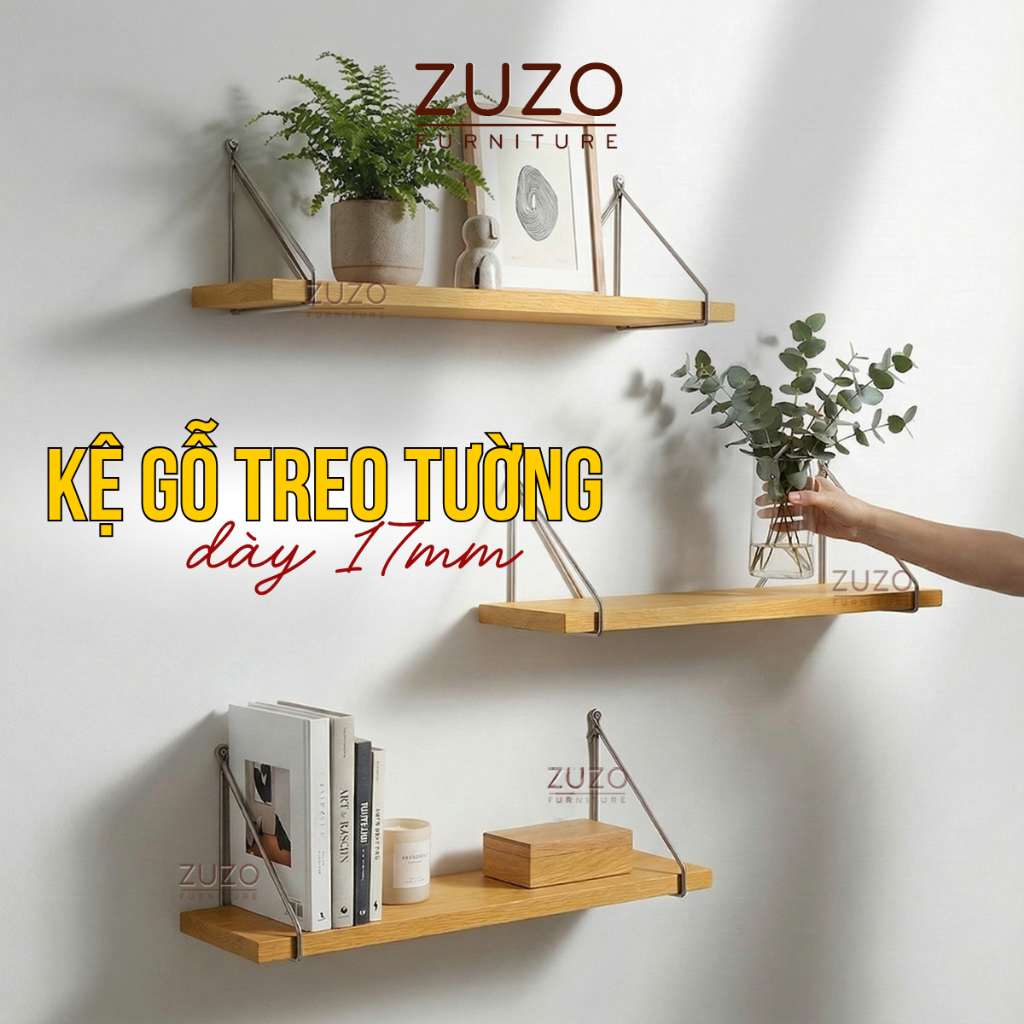 Kệ Gỗ Treo Tường Trang Trí Decor Phòng Khách Thanh Ngang - Tặng Kèm Phụ Kiện HCM