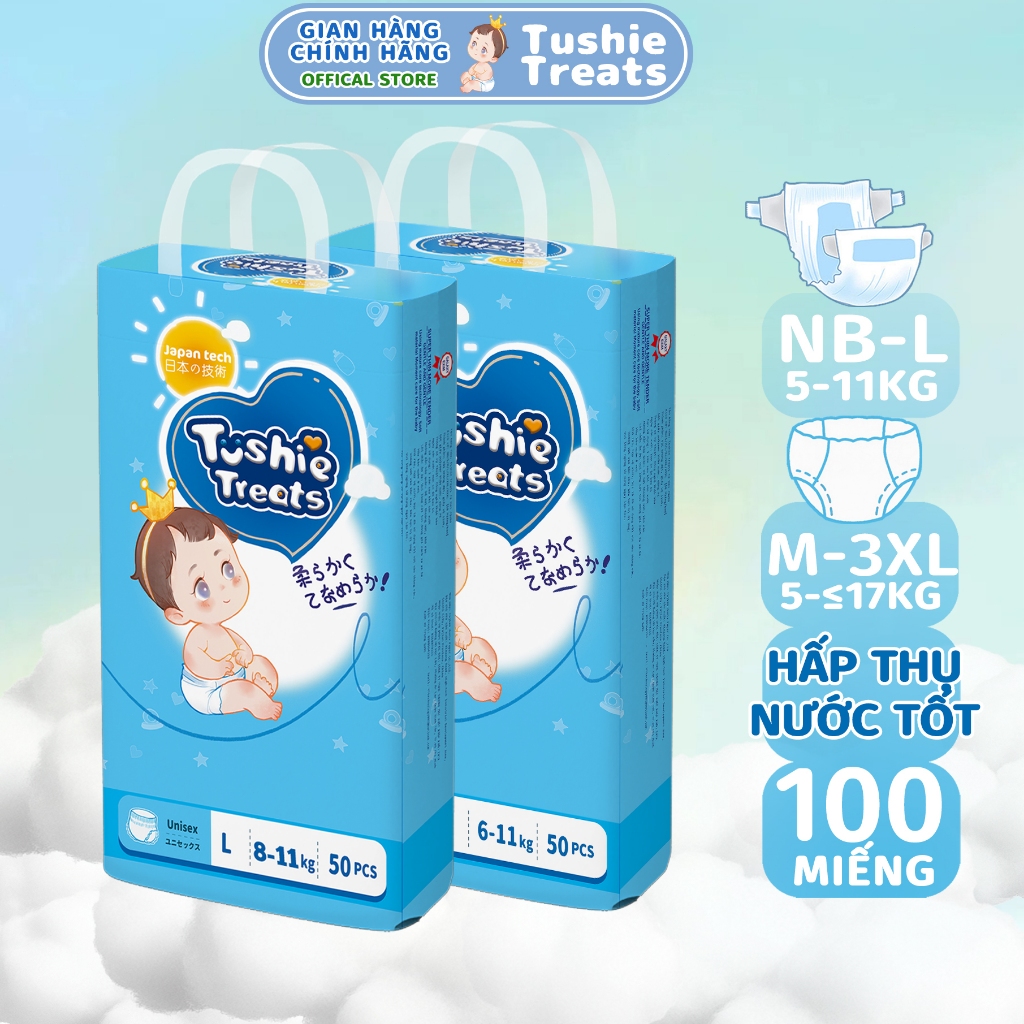 【100 Miếng 】TÃ BỈM/QUẦN Tushie Treats bỉm em bé Công nghệ Nhật bản ôm sát thấm 700ml hút thông thoáng NB-/XXXL