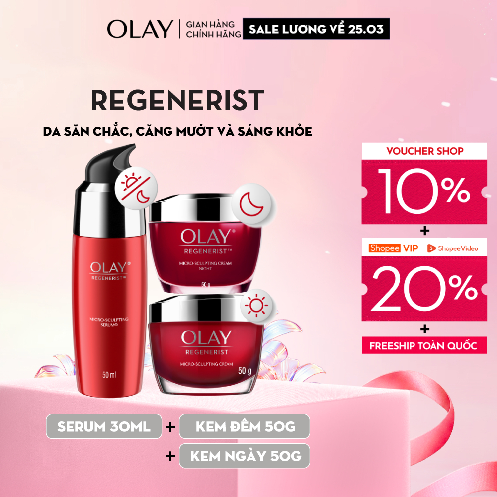 Combo 3: Kem Dưỡng Ẩm OLAY REGENERIST Ngày & Đêm + Serum Căng Mướt, Sáng Khỏe & Phục Hồi Dấu Hiệu Lã