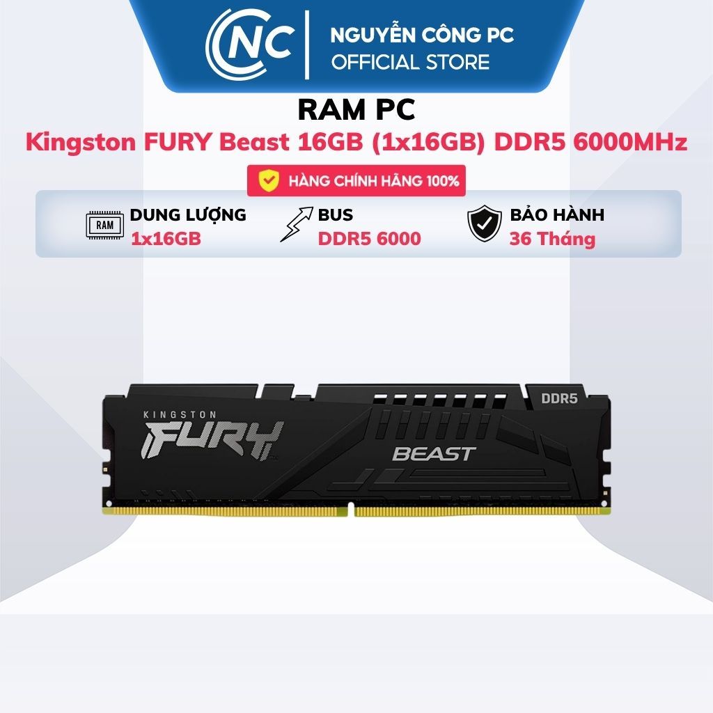 RAM Kingston FURY Beast 16GB (1x16GB) DDR5 6000MHz - BH 36 tháng