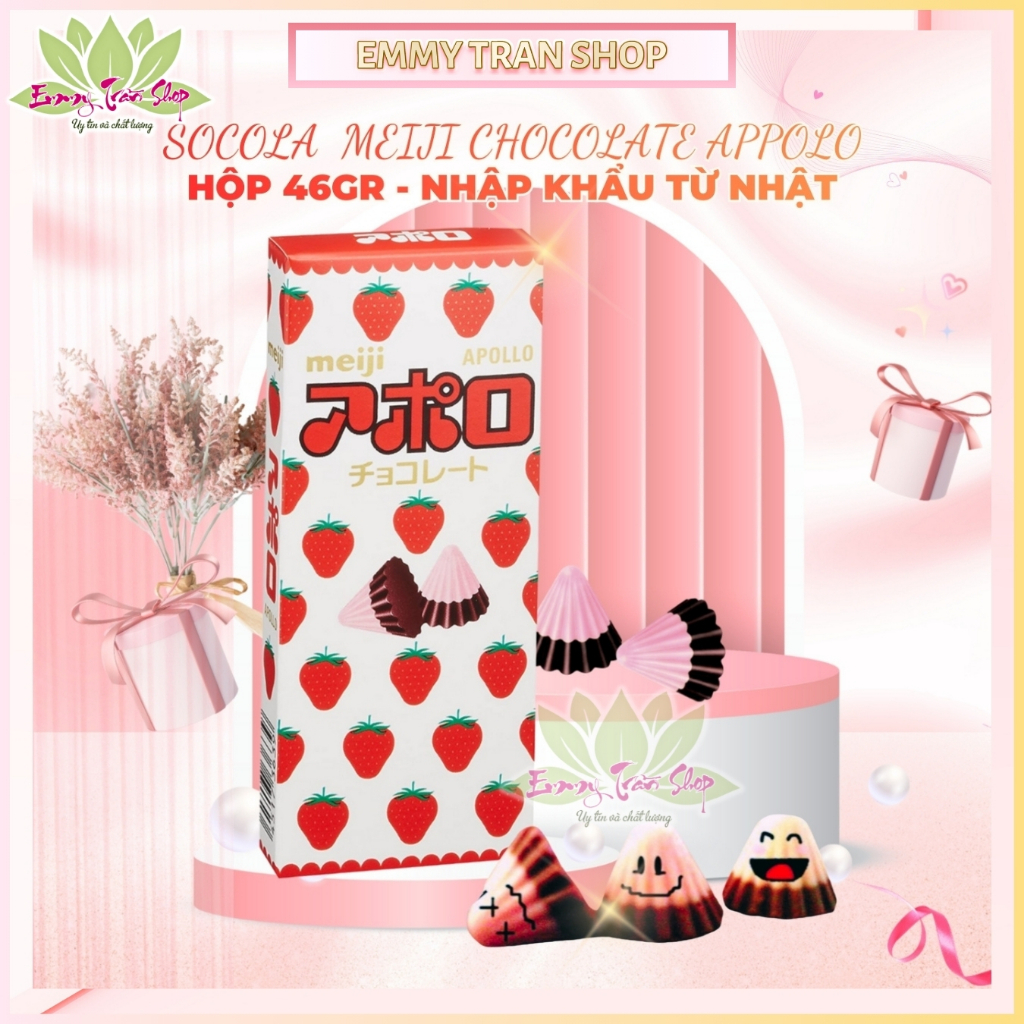Socola Dâu Hình Nấm MEIJI Apollo Chocolate Hộp 46gr, Nhập Khẩu Từ Nhật - Emmytran Shop