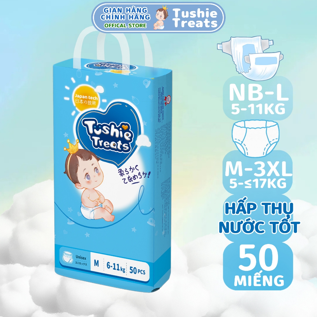 50 miếng Tã bỉm Tã quần Tushie Treats cho bỉm em bé Công nghệ Nhật bản ôm sát thấm hút thông thoáng 