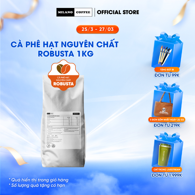 Cà phê hạt nguyên chất Robusta Milano Coffee (1kg)