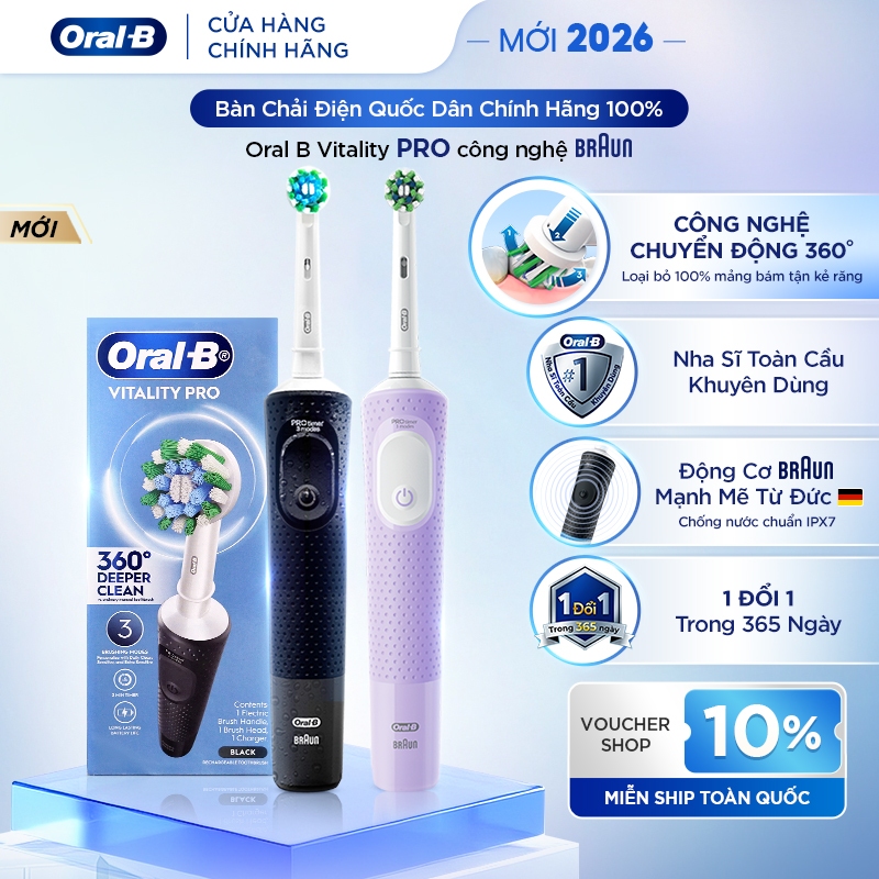 [MỚI 2026] Bàn Chải Điện ORAL B Vitality Pro Chính Hãng, BH 1 Đổi 1, Chuyển Động Rung 360°, Sạch Sâu, Chống Nước IPX7