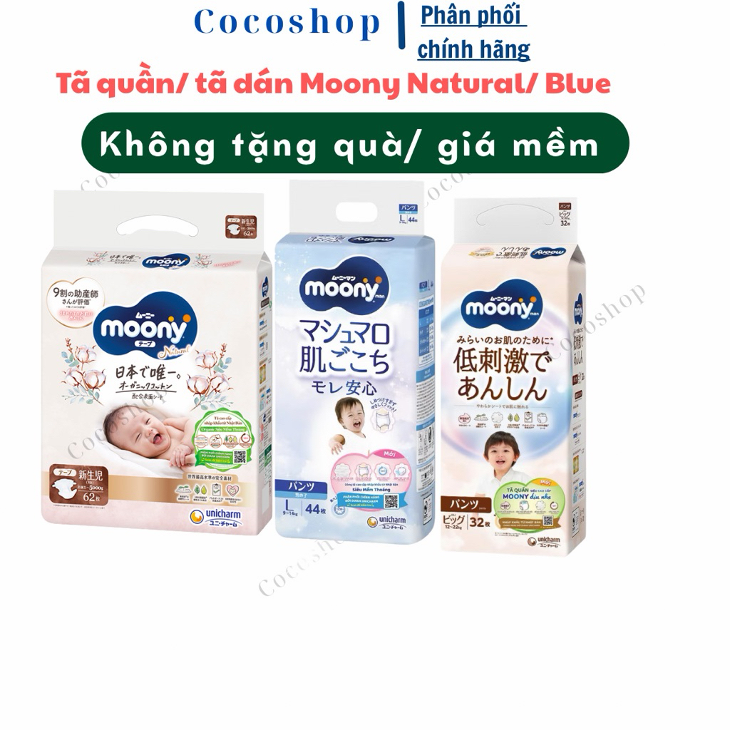 [ Thùng 4 Gói] Tã/ Bỉm Moony xanh/ Moony Natural đủ các size - không quà giá tiết kiệm