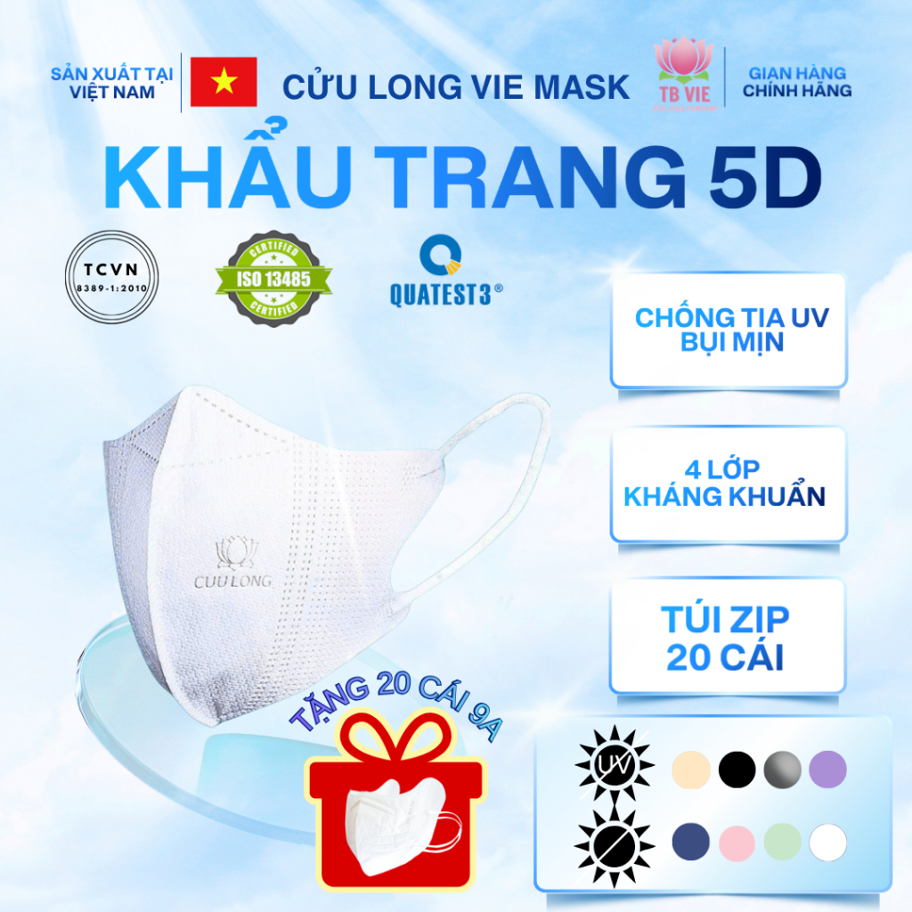 KHẨU TRANG 5D 4 LỚP 100 Cái TẶNG 20 Cái 9A 5 LỚP TBVIE MASK - Khẩu Trang 5D 4 Lớp Kháng Khuẩn CỬU LO